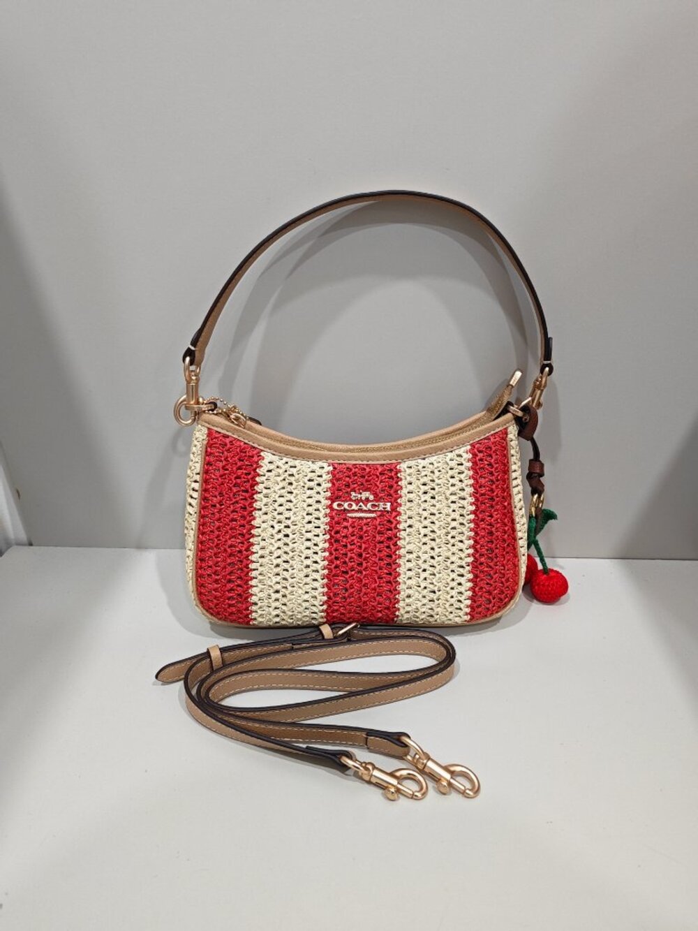 Coach Red Stripe Straw Shoulder Bag With Cherry Charm Crossbody